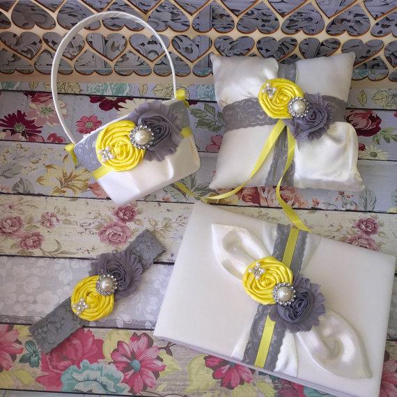 Hochzeit - Wedding flower girl basket , ring bearer pillow , wedding guest book and keepsake wedding garter set 