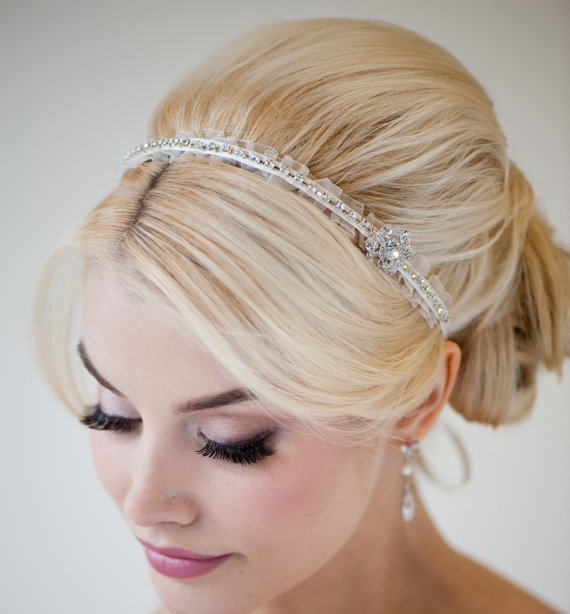 زفاف - Bridal Headband, Bridal Ribbon Headband, Wedding Hair Accessory, Rhinestone Ribbon Headband - MINKA