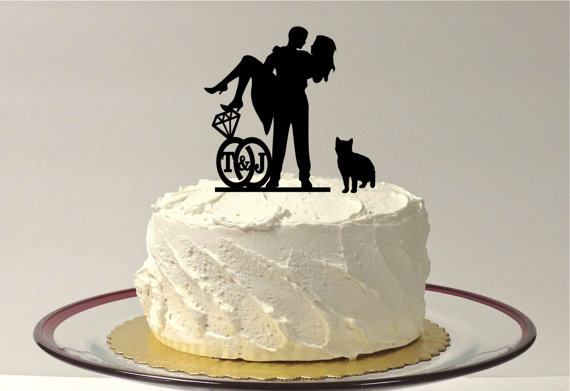 Wedding - ADD YOUR CAT Personalized Cute Wedding Cake Topper with Your Family Last Name Silhouette Cake Topper Bride + Groom + Pet Cat Monogram