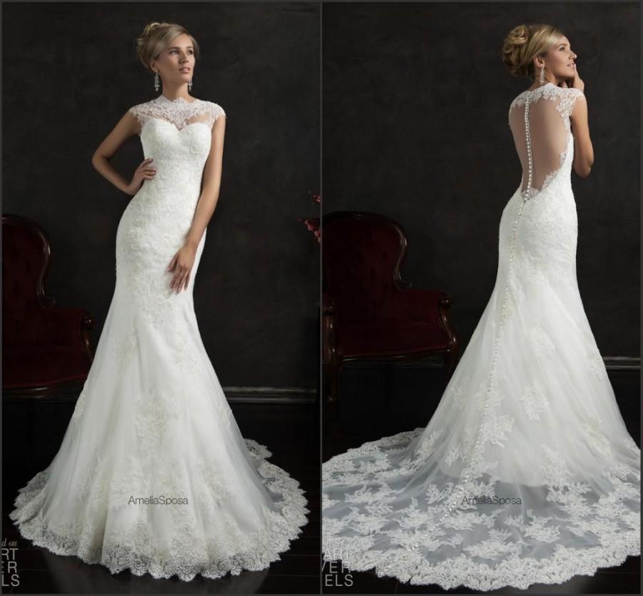 Mariage - Spring Vestido De Novia Wedding Dresses Lace Sheer High Neck 2015 Amelia Sposa Mermaid Bridal Gowns Applique Illusion Back Sweep Newest Online with $128.17/Piece on Hjklp88's Store 