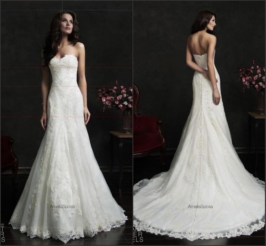 Wedding - 2015 Amelia Sposa Lace Spring Wedding Dresses Vestido De Novia Bridal Gowns Applique Button For Bride Sleeveless Sweep Train Sweetheart Online with $128.17/Piece on Hjklp88's Store 