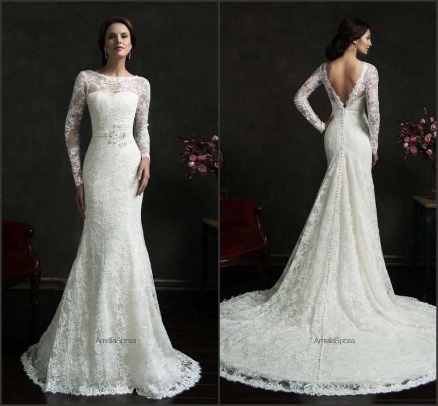 2015 Amelia Sposa Wedding Dresses Sash Lace Illusion Bodice Applique