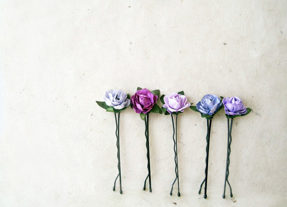Свадьба - Purple Paper Rose Bobby Pin Set. Small Hair Flowers Handmade Hair Accessories Ombre Hair Pins in Lavender, Periwinkle, Wisteria, Plum, Lilac
