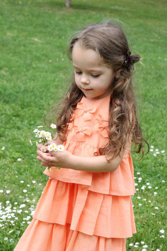 Mariage - Girls peach dress summer cotton birthday baby infant bow ruffles flower girl dress baby toddler comfy ivory