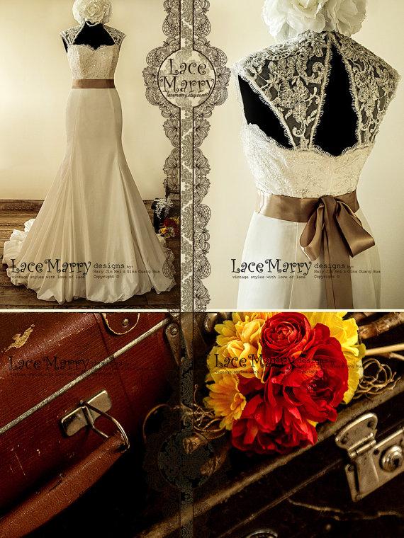 Mariage - Fascinating Vintage Style Wedding Dress with Beaded Lace Top Featuring Long Satin Sash and Folded Rustling Taffeta Skirt with Chapel Train