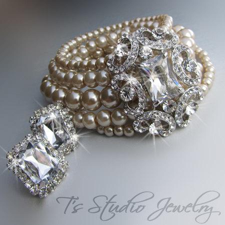 زفاف - Multi Strand Pearl Cuff Bridal Bracelet Haute Couture Bride Wedding Jewelry - ANITA