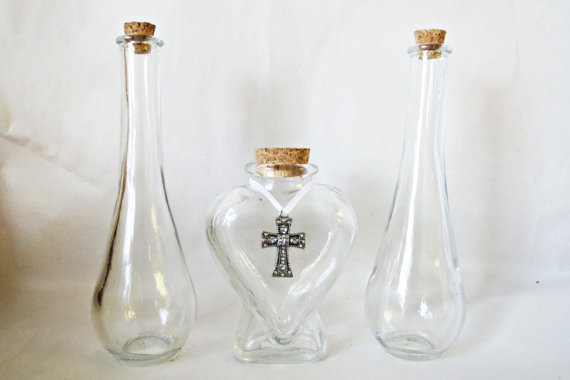 Hochzeit - Elegant Vase With Custom Cross or Crucifix Jewel Pendant Wedding Unity Sand Ceremony Collection Set of 3 Glass Vases