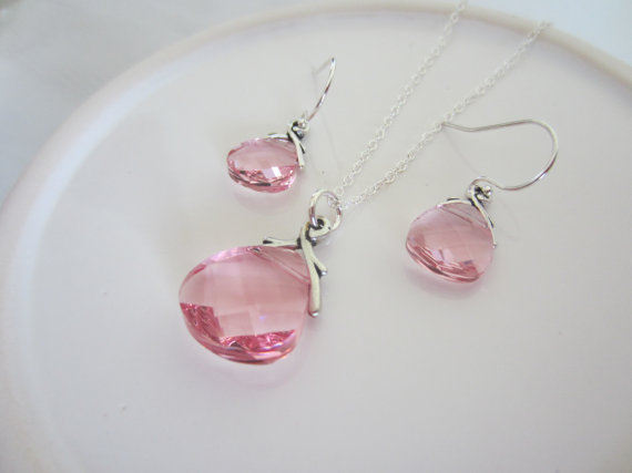 زفاف - Pink Crystal Bridesmaid Jewelry Set-Pink Bridal Party Jewelry Set-Swarovski Light Rose Pink Crystal Necklace and Earrings