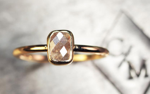 Hochzeit - Diamond Engagement Ring - Rose Cut Diamond in Yellow Gold Engagement Ring - Pinkish White Engagement Ring