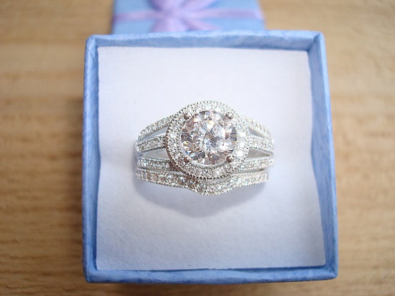 Hochzeit - Diamond Cut White Sapphires 925 Sterling Silver Engagement / Wedding Ring Set Size 7 3/4
