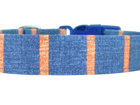 Свадьба - Denim and Orange Stripe Dog Collar/ Navy Blue Dog Collar: Denim & Orange