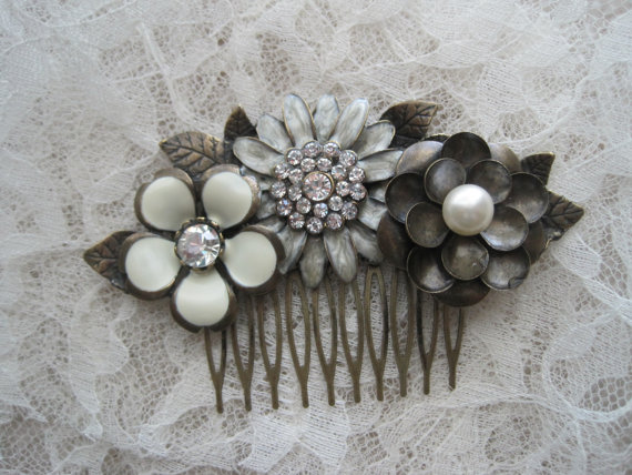 Свадьба - Hair Comb Antique Bronze with Three Gorgeous Rhinestone and Pearl Flowers Hair Accessories Hair Clip