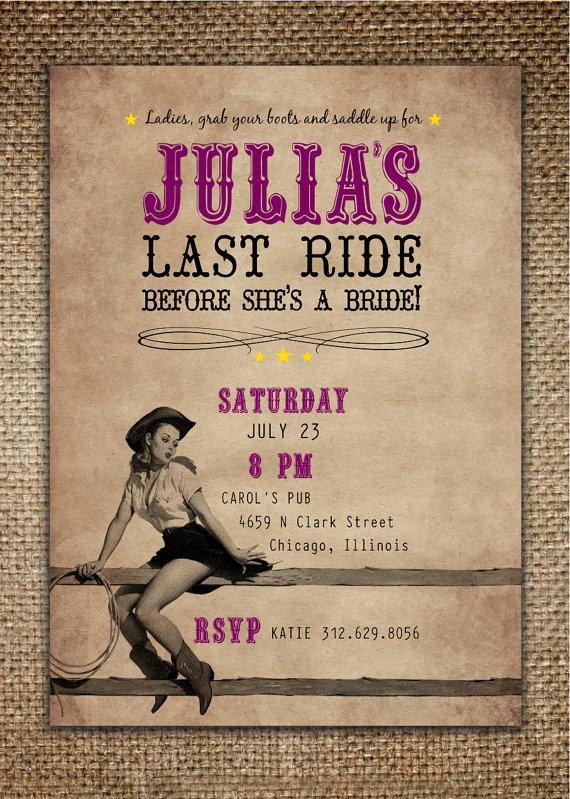 Hochzeit - Bachelorette Party/Hen's Night Invitation : Bride's Last Ride Country/Western Theme with Pin Up Cowgirl