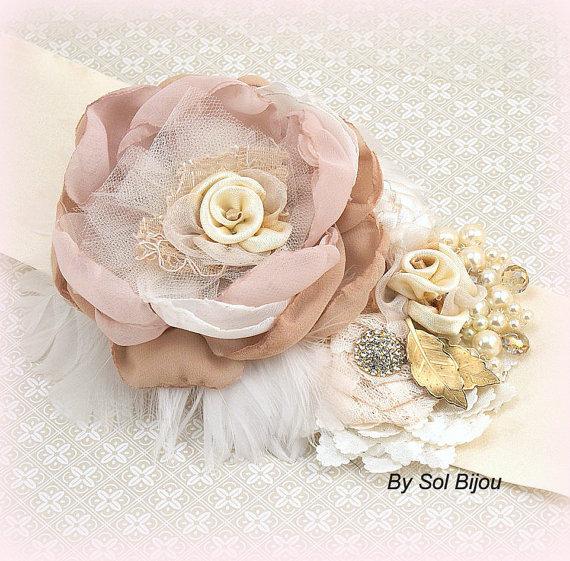 Свадьба - Sash, Bridal, Wedding, Blush, Champagne, Gold, Tan, Beige, Cream, Ivory with Lace, Feathers, Brooches, Vintage Wedding