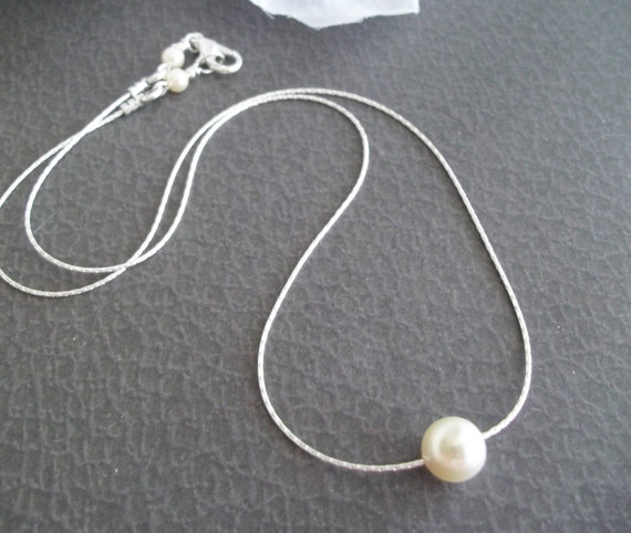 Wedding - Pearl Necklace,Floating Swarovski Pearl Necklace,Single Pearl,Sterling Silver Pearl Necklace,Bridesmaid Jewelry,Wedding Jewelry