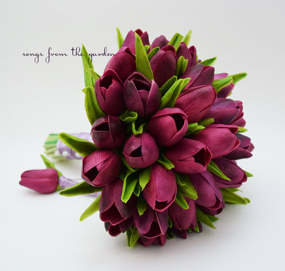 Свадьба - Real Touch Tulips Bridal Bouquet Purple Lavender Ribbon Groom's Boutonniere Tulip Wedding Flower Package Silk Artificial Choose Your Colors