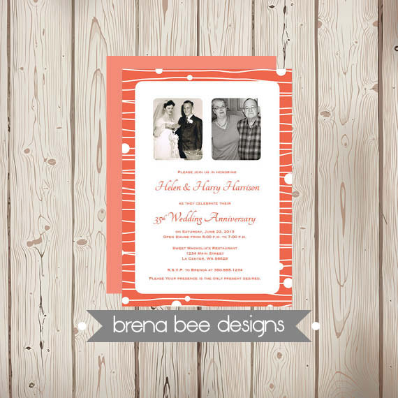 Hochzeit - Personalized Then and Now Two Photo 35th Wedding Anniversary Invitation - White Waves of  Beads with Coral Background - Custom Printable