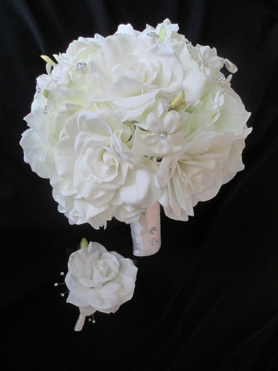 Hochzeit - Realtouch Gardenia and Stephanotis Wedding Vintage Rhinestones Pearls Bridal Bouquet Set