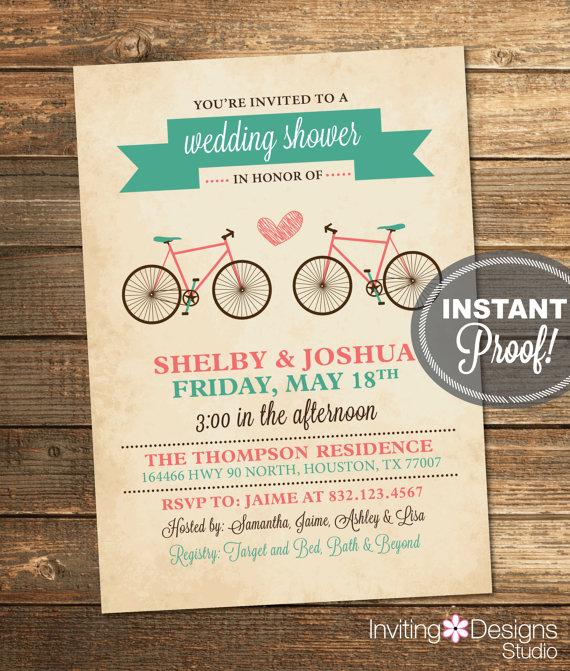 Свадьба - Bicycle Wedding Shower Invitation, Bridal Shower, Teal, Aqua, Coral, Retro, Vintage, Printable File (Custom, INSTANT DOWNLOAD