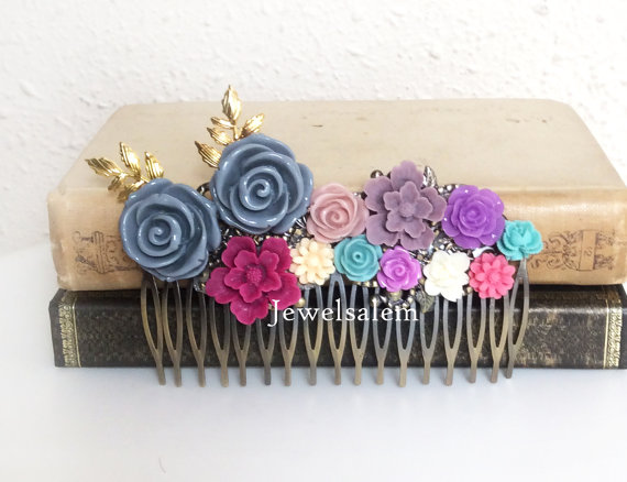 زفاف - Bridal Hair Accessories Wedding Comb Blue Gray Lilac Purple Dark Blue Pink Maroon Flower Leaves Floral Headpiece Bohemian Woodland Rustic WR