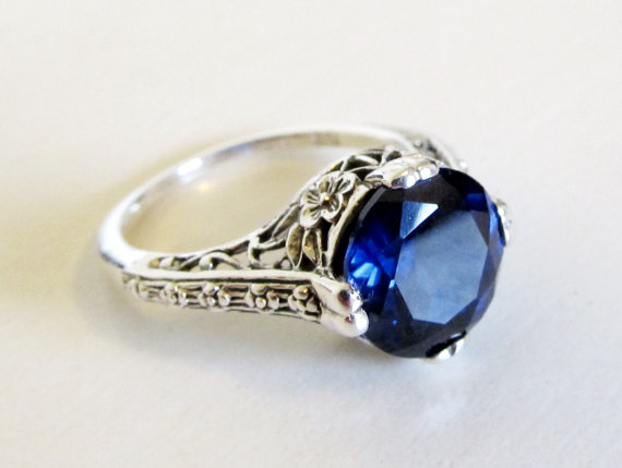 زفاف - Sapphire Filigree Engagement Ring Sterling Silver Size 6.75/ Antique Vintage Art Deco Style Floral Motif