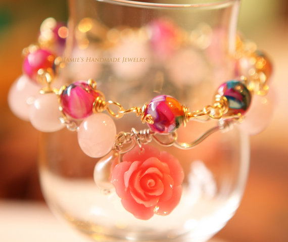 زفاف - Pink Mother Of Pearl Luxury Goddess Bracelet+Pink Rose &Rose Quartz Bracelet SET For Wedding Party Christmas Gift Bridal Hawaiian -B14B15