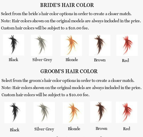Hochzeit - Custom Changes for Bride Groom Hair Color Wedding Dress Style Add Bridal Veil Change Clothing Shoe Flowers Bouquet and Boutonniere Colors
