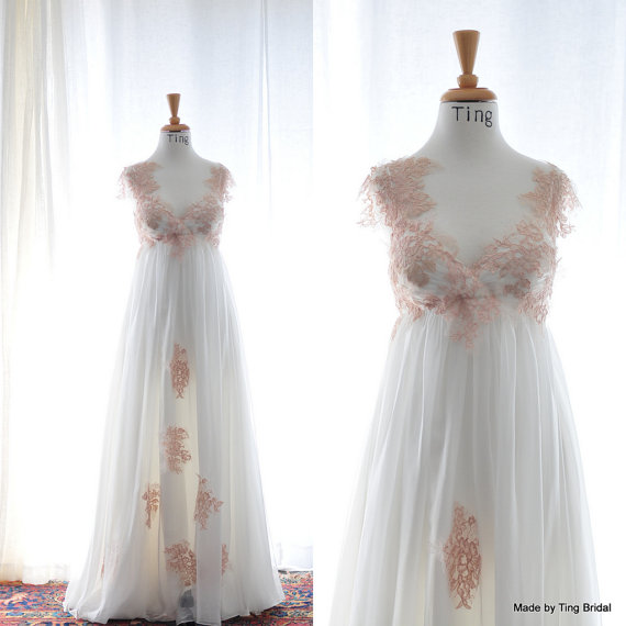 Hochzeit - April-Pink white Vintage Lace fairy wedding dress-Custom Empire Waist Chiffon Wedding dress gown-Made to order