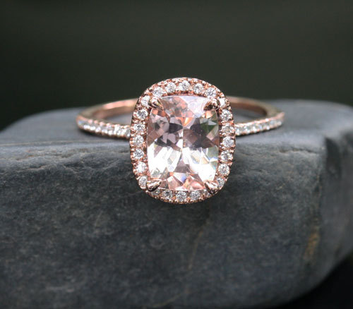 زفاف - Morganite Diamond Halo Engagement Ring in 14k Rose Gold, Morganite Cushion 9x7mm and Diamond Ring (Also available in 18k Gold)