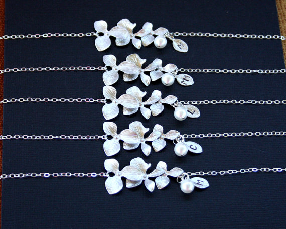 زفاف - 10% OFF sets of Five - Personal Triple Orchid Bracelet with Pearl and Leaf  - wedding jewelry gift Sets, Bridal Bracelet , bridesmaid gifts