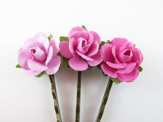 زفاف - 3 Pink Flower Blossoms Bobby Pins for Hair