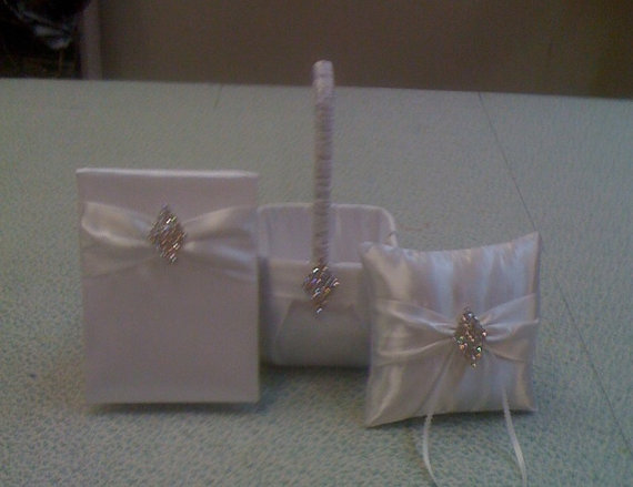 Hochzeit - White Satin Flower Girl  Basket, Guest Book And Ring Bearer Pillow