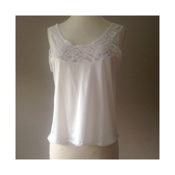 Mariage - M / Nylon Camisole Lingerie Top / Wide White Lace / Size Medium / Ashley Taylor / FREE Shipping