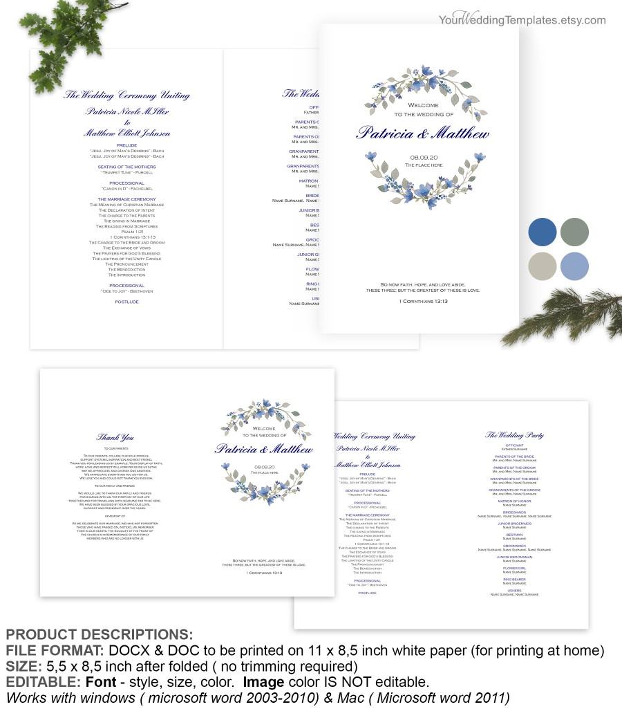 Свадьба - Afforable blue floral Rustic watercolor wedding program cover template