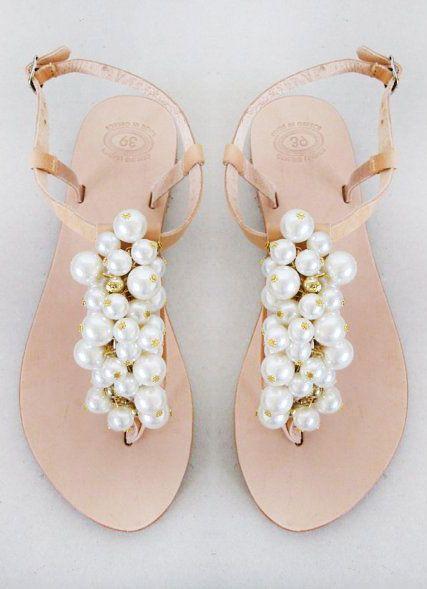 Wedding - Wedding Shoes - Handmade Sandals, Decorated With Pearl And Gold Beads