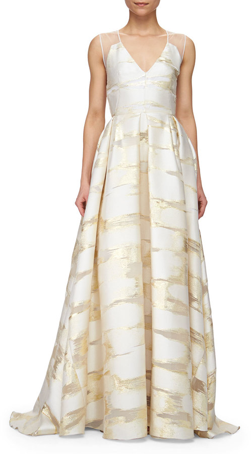 Hochzeit - Lela Rose Sheer-Back Metallic Space-Dyed Gown, Gold