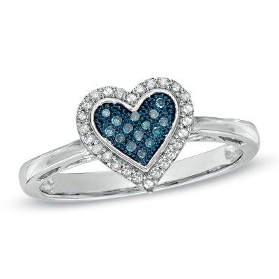 Hochzeit - 1/7 CT. T.W. Enhanced Blue And White Diamond Frame Heart Ring In Sterling Silver