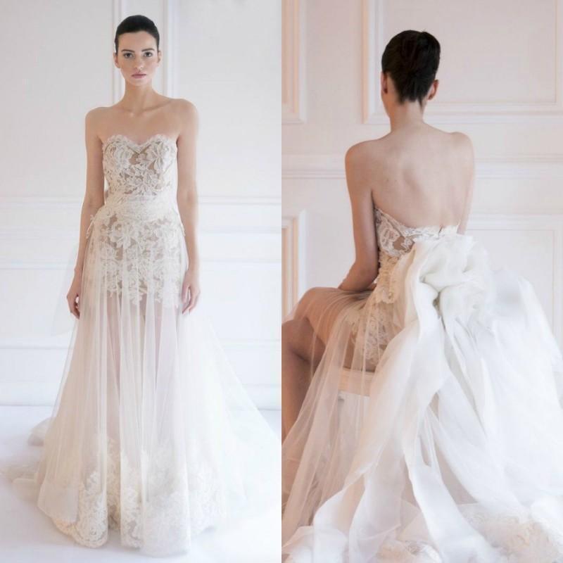 Mariage - Hot Selling Wedding Dresses 2015 Maison Yeya A Line Strapless Sexy Lace Soft Tulle Bridal Gown with Detachable Long Train Wedding Ball Online with $117.72/Piece on Hjklp88's Store 