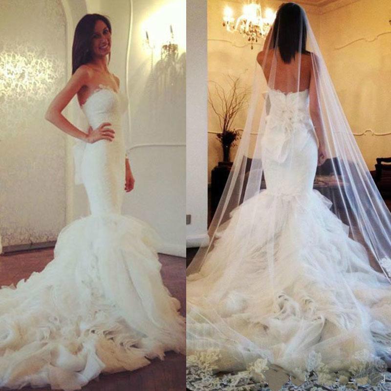 Wedding - Mermaid Wedding Dresses 2015 Maison Yeya Sweetheart Neckline Appliques Ruffle Tulle Zipper Tiers Chapel Train Bridal Gowns Custom Made Online with $117.72/Piece on Hjklp88's Store 