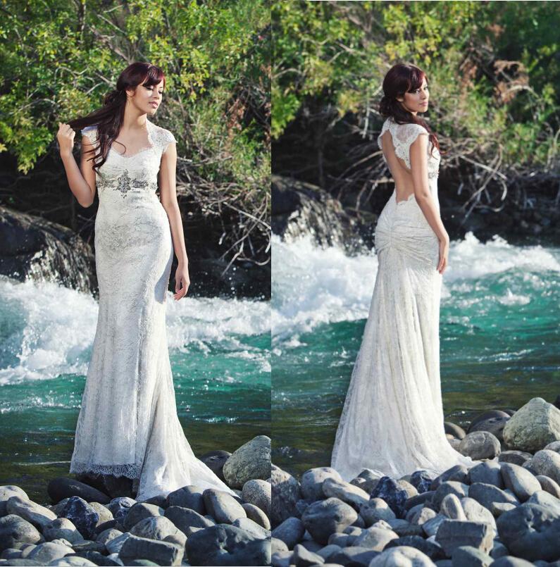 Hochzeit - 2015 New Arrival Backless Sheath Wedding Dresses Beaded Crystal Vintage Lace Miosa Couture Outdoor Bridal Gowns Backless Wedding Gowns Online with $108.85/Piece on Hjklp88's Store 