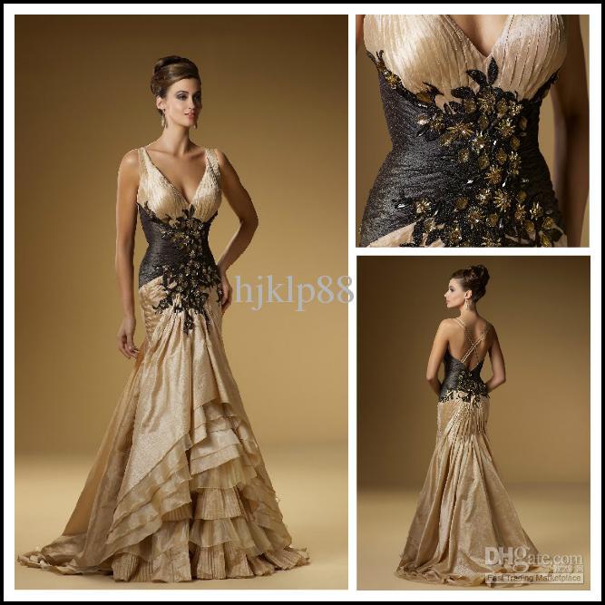 Mariage - Glamorous Deep V Neck Ruch Beaded Champagne Back Mermaid Mother of Bride Dresses Online with $94.25/Piece on Hjklp88's Store 