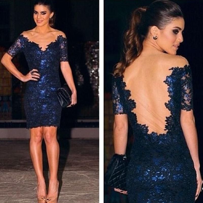 Свадьба - Deep V-Neck Applique Cocktail Dresses With Short Sleeve Lace Sheath Backless Sheer Knee Length Short Mini Prom Dresses Party Custom Made Online with $95.15/Piece on Hjklp88's Store 