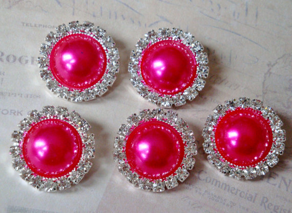 زفاف - 5 pcs - 20mm Silver Metal FUCHSIA Hot Pink Pearl (no.31) Crystal Rhinestone Buttons Embellishments w/ shank - wedding / hair / Flower Center