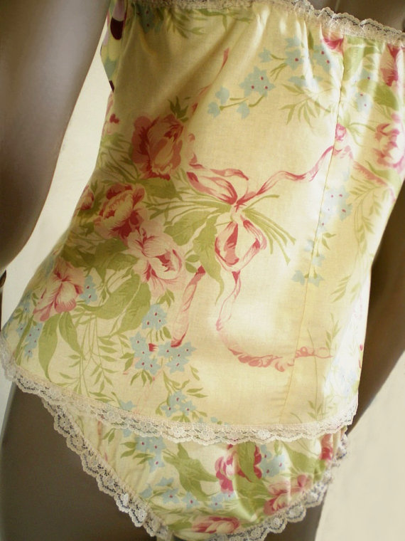 زفاف - Romantic Yellow Rose Print Camisole Handmade All Cotton With Contrast Bodice Special Occasion Lingerie Or Sleepwear