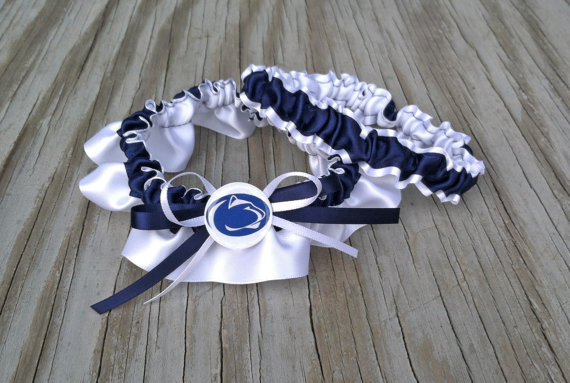 Hochzeit - Penn State Bridal Garter Navy Blue & White Satin Wedding Keepsake Or Garter Set
