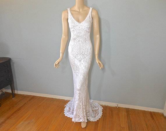 Wedding - Crochet Lace Bohemian Wedding Dress MERMAID wedding dress VINTAGE White Lace Wedding Dress Sz Medium