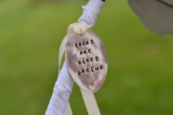 Wedding - Today Our Story Begins Bridal Bouquet Charm - Flattened Silver Plated Spoon Gift Tag Idea
