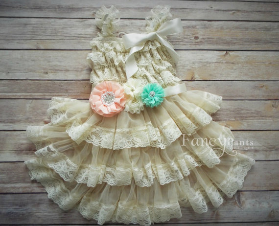 Hochzeit - Rustic Flower Girl Dress, Mint / Coral Flower Girl Dress, Country Flower Girl Dress , Lace Flower Dress,