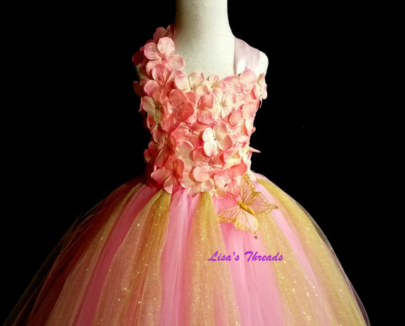 Wedding - Gold & Pink Fairy Dress/ Gold and Pink flower girl dress/ Junior bridesmaids dress/ Flower girl pixie tutu dress/ Rhinestone tulle dress