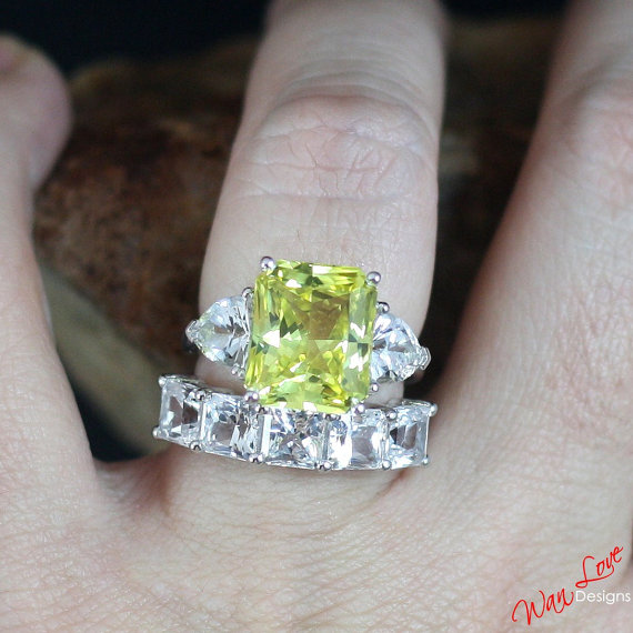 زفاف - Custom Celebrity Yellow White Sapphire Radiant Trillion Engagement Ring Band Set 14k 18k White Yellow Rose Gold-Platinum-Wedding-Anniversary